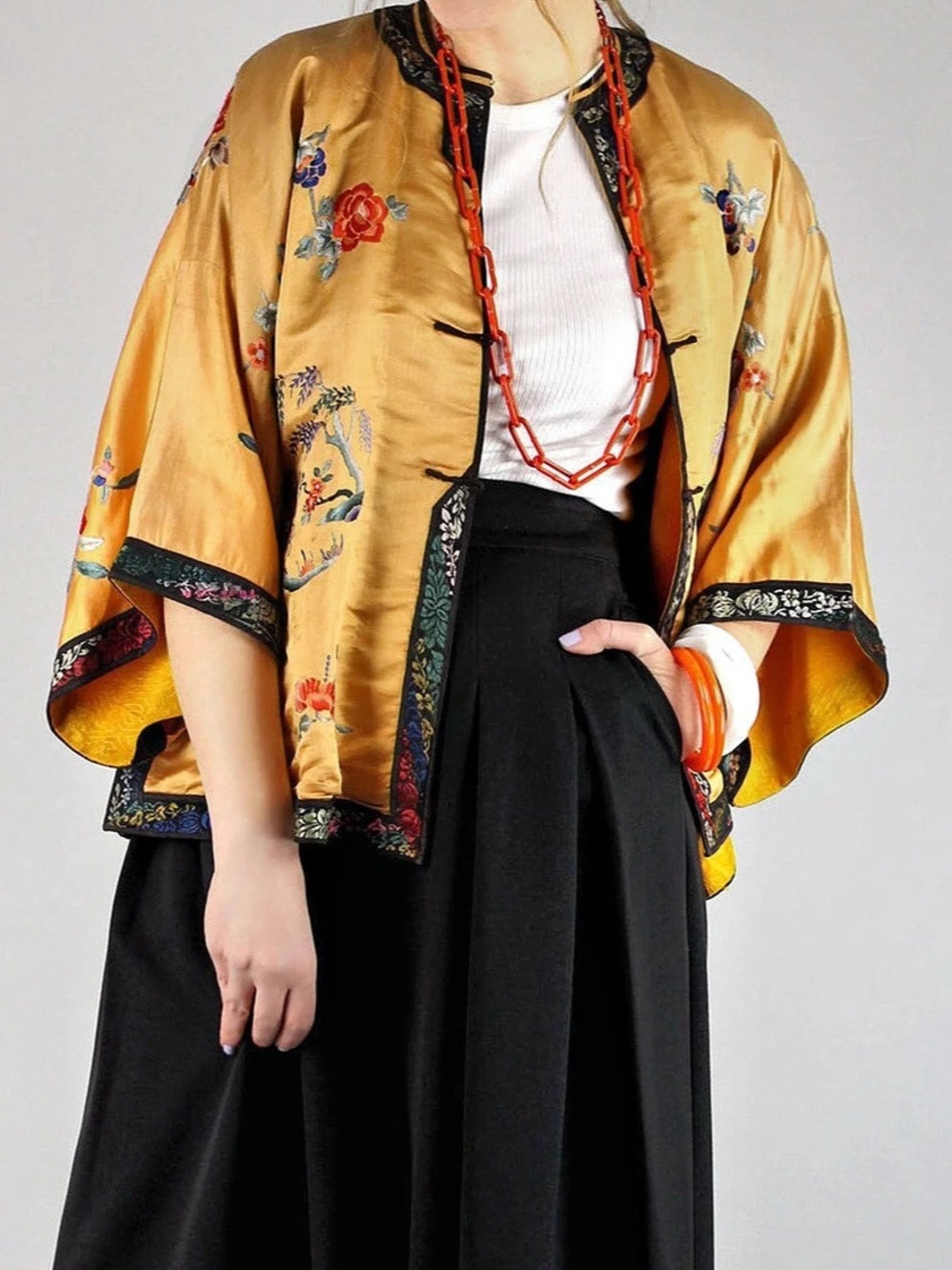 Harriet Goldberg Floral Embroidered Jacket in Orange & Black Small